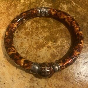 Milor Italy Bangle Tube Bracelet Sterling Silver Tortoise Enamel 7 Inch